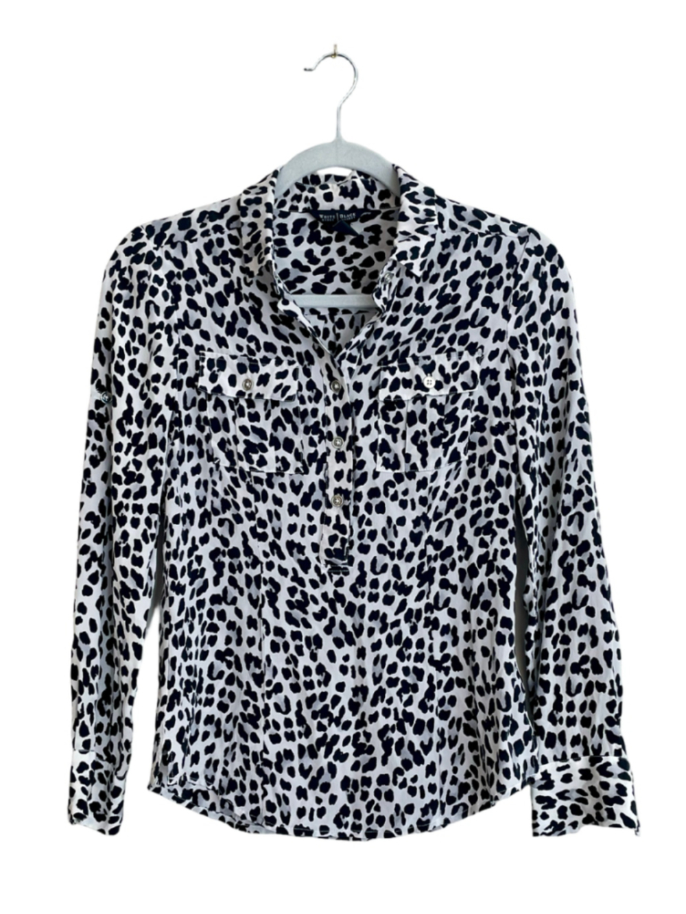 WHBM 100% Silk Leopard Print Button Up Utility Blouse 00 XXS